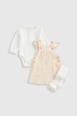 Cord Pinny Dress, Bodysuit and Tights Set