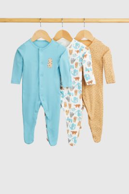 Tiger and Elephant Baby Sleepsuits - 3 Pack